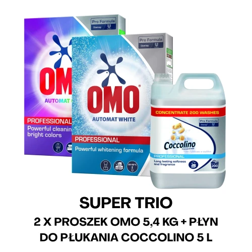 Super Trio Omo Professional Automat Color 5.4kg + Omo Professional Automat White 5.4kg  + Coccolino Professional Pure płyn do płukania 5L
