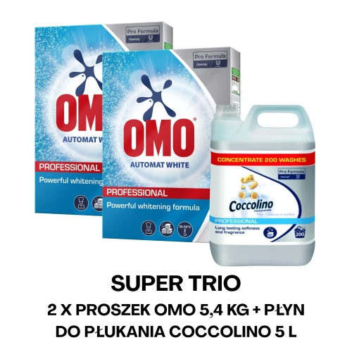 Super Trio 2 x Omo Professional Automat White 5.4kg + Coccolino Professional Pure płyn do płukania 5L